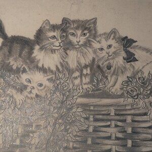 Pencil Sketch of a basket of kittens by artist signed, Esther 1949.